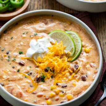 Bowl of 7 Can Creamy Chicken Taco Soup. Soup, Comfort Soups, Soup Recipes, Soup Recipes, Creamy Soups, 7 Can Chicken Taco Soup, Seven Can Creamy Chicken Taco Soup, fall soups, Easy Soups, easy Soup Recipes, i am homesteader, iamhomesteader