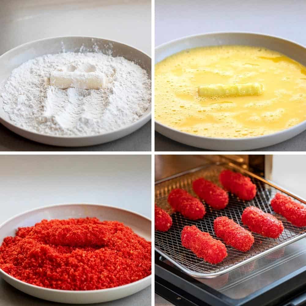 Steps for Breading Flamin' Hot Cheeto Mozzarella Cheese Sticks. Appetizer, Cheese Sticks, Flamin Hot Cheese Sticks, SuperBowl Food, Football Snacks, Cheese Sticks Recipes, Football Appetizer Ideas, Party Appetizer Ideas, i am homesteader, iamhomesteader