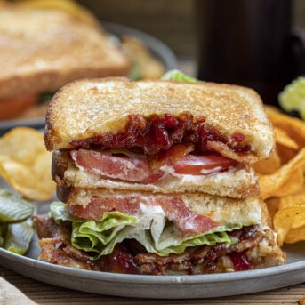Stacked BLT with Bacon Tomato Jam on Plate with Chips. Dinner, Supper, Sandwich, Deluxe BLT, Tomato Jam Sandwich, How to Use Tomato Jam, Toasted BLT, recipes, i am homesteader, iamhomesteader