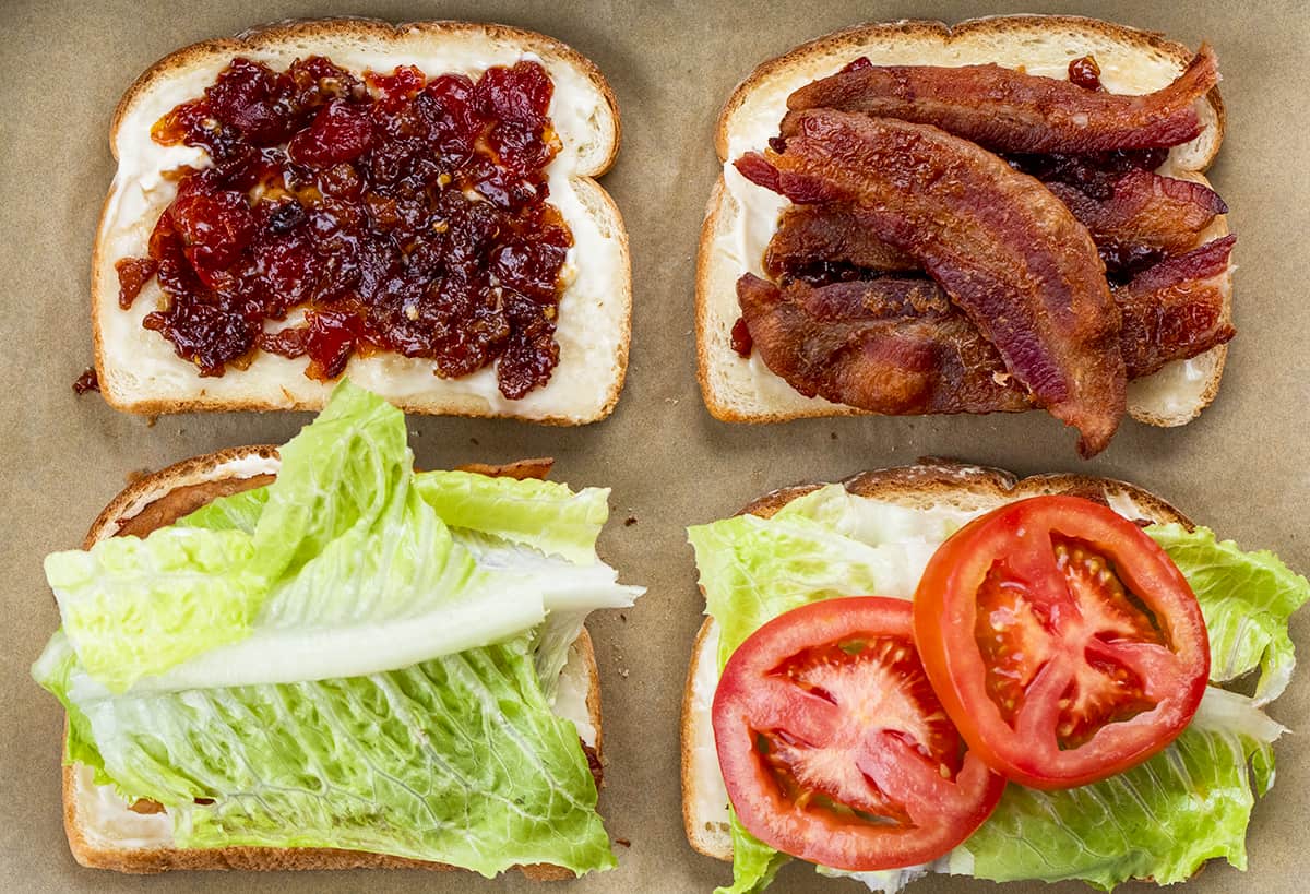 Steps for Assembling a BLT with Tomato Jam. Dinner, Supper, Sandwich, Deluxe BLT, Tomato Jam Sandwich, How to Use Tomato Jam, Toasted BLT, recipes, i am homesteader, iamhomesteader