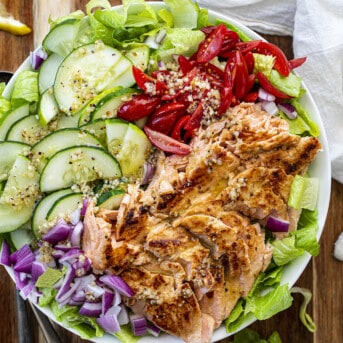 Overhead of Salmon Salad. Salad, Summer Salad, Salmon Salad, Hot Salmon Salad, Cold Salmon Salad, Green Salad with Salmon, Dressing for Salmon Salad, Meal Prep Salad, Healthy Salad, Easy Delicious Salad, i am homesteader, iamhomesteader