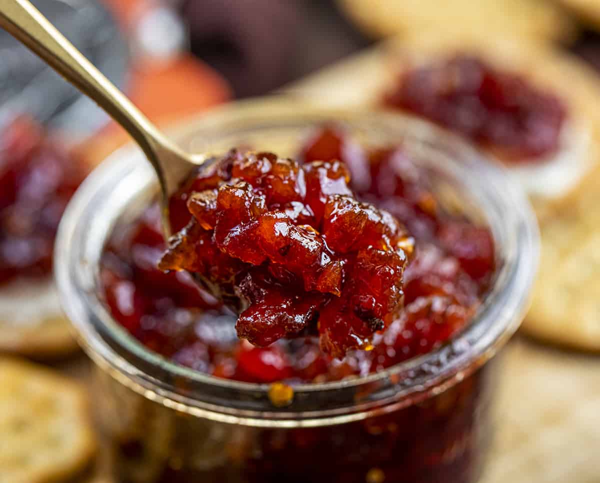 Spoonful of Spicy Tomato Jam From the Jar. Appetizer, Burger Topping Idea, Tomato Jam, How to Make Tomato Jam, Spicy Jam, Homemade Tomato Jam, How to Can Tomato Jam, Cracker Spreads, Super Bowl Food, Christmas Appetizers, Thanksgiving Appetizers, i am homesteader, iamhomesteader