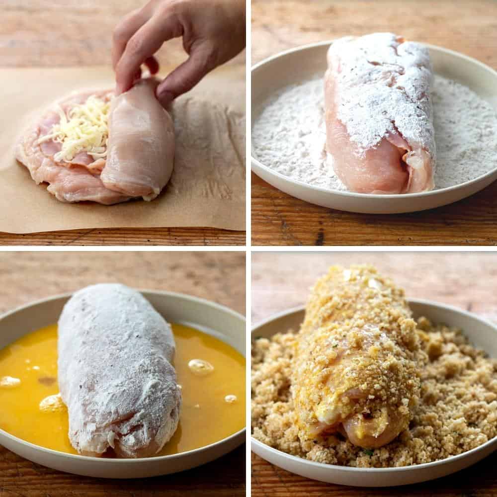 Steps for Assembling Chicken Cordon Bleu in flour, egg, and panko. Dinner, Supper, Air Fryer Recipes, Chicken, Chicken Recipes, Chicken Cordon Bleu, Air Fryer Chicken Cordon Bleu, Swiss Cheese Sauce, How to Make Cheesy Sauce with Swiss Cheese, i am homesteader, iamhomesteader
