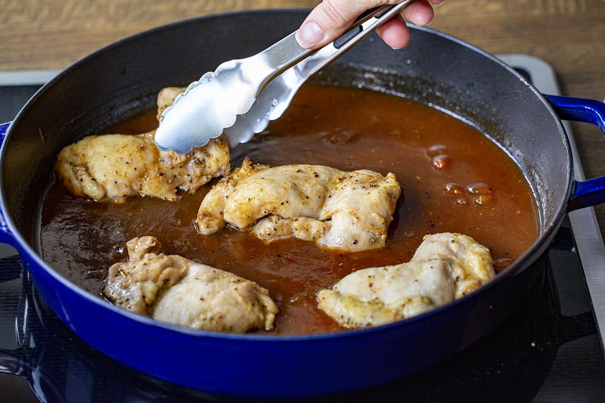 Adding Chicken Thighs to Pan with Apricot Sauce. Dinner, Supper, Chicken Recipes, Chicken Thigh Recipes, Apricot Chicken, Easy Chicken Recipes, i am homesteader, iamhomesteader