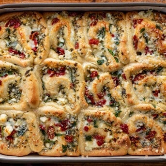 Pan of Pesto Feta Rolls from Overhead. Rolls, Bread, Bread Recipes, Baking, Appetizer, Side Dish, Viral Recipes, i am homesteader, iamhomesteader