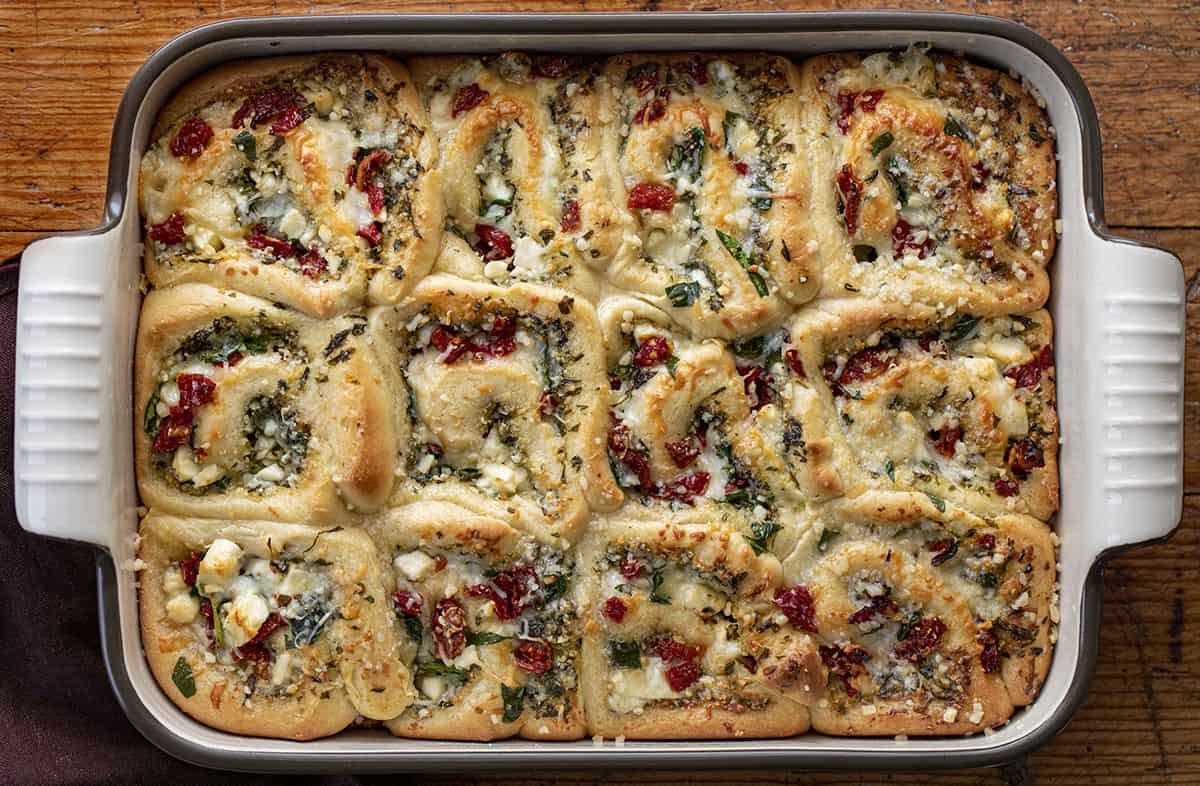 Pan of Pesto Feta Rolls from Overhead. Rolls, Bread, Bread Recipes, Baking, Appetizer, Side Dish, Viral Recipes, i am homesteader, iamhomesteader