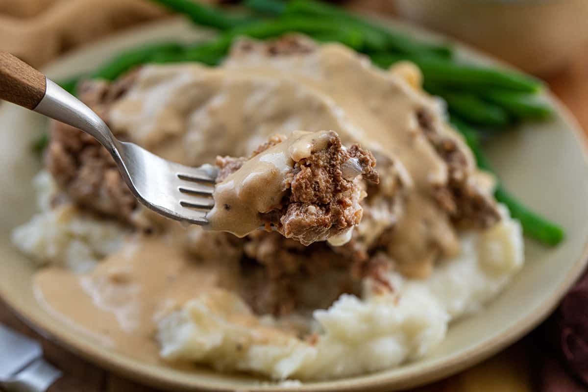 Bite of Swedish Meatloaf on a Fork.