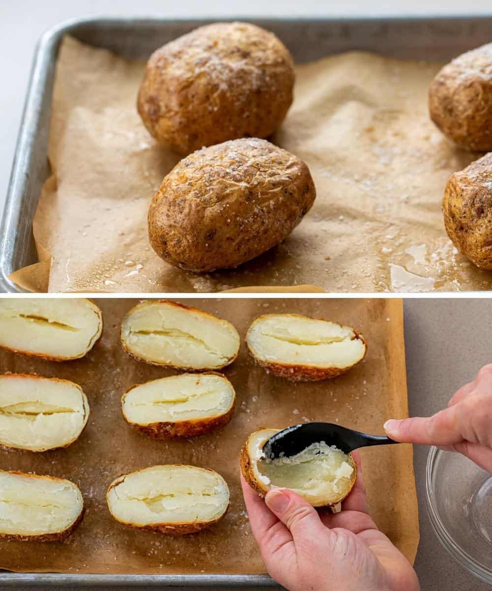 Potatoes After Baking and Then Cut In Half and Inside Being Scooped Out for Potato Skins. Appetizer, Potato Skins, How to Make Potato Skins, Cheeseburger Potato Skins, Super Bowl Food, Game Day Appetizer, Hot Appetizer, i am homesteader, iamhomesteader