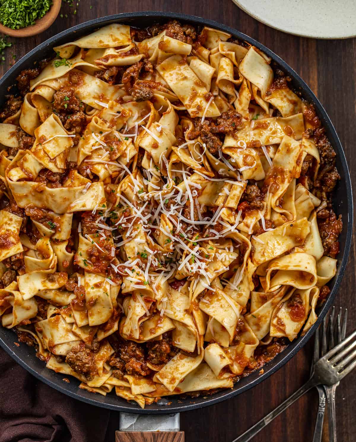 Pan of Bolognese Recipe with Noodles. Dinner, Supper, Dinner Idea, Italian Recipes, How to Make Bolognese, i am homesteader, iamhomesteader