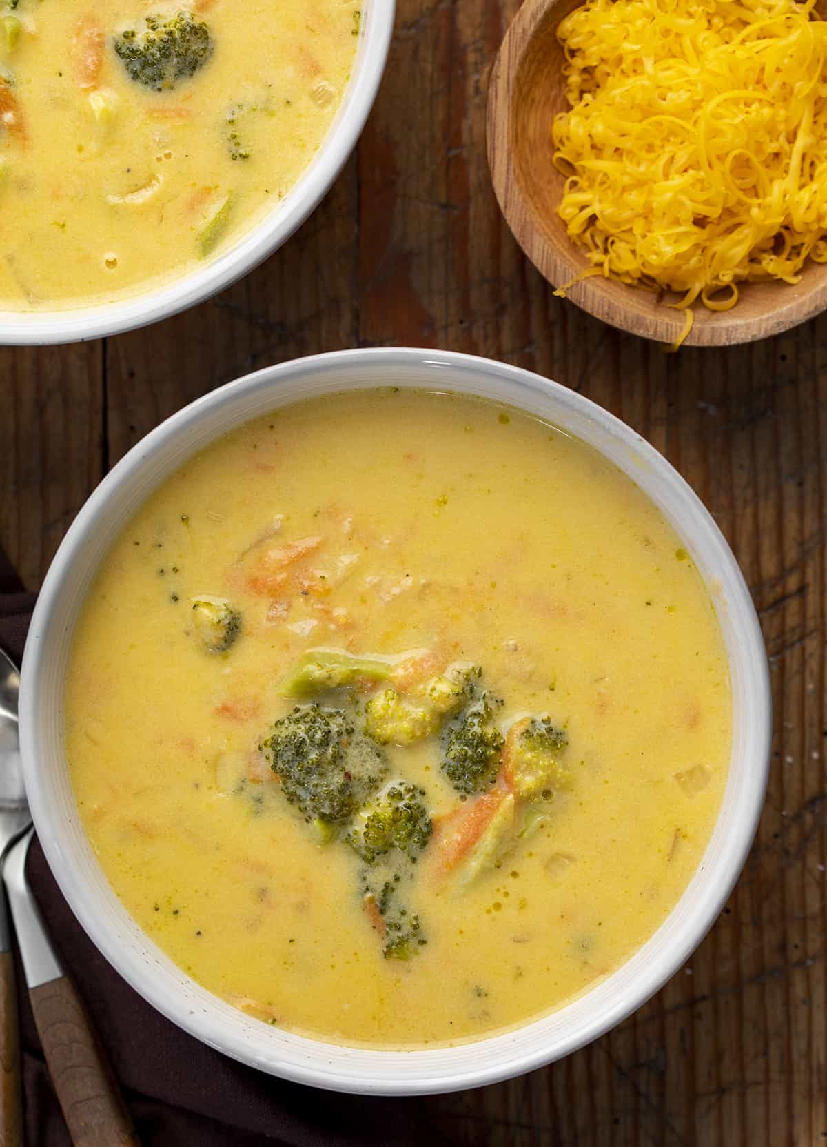 Bowls of Broccoli Cheese Soup from Overhead. Dinner, Soup, Meatless Soup, Soup Recipes, Cheese Soup. Broccoli Cheese, Panera Copycat Broccoli Cheddar Soup, Creamy Soup, winter soups, holiday soup, i am homesteader, iamhomesteader