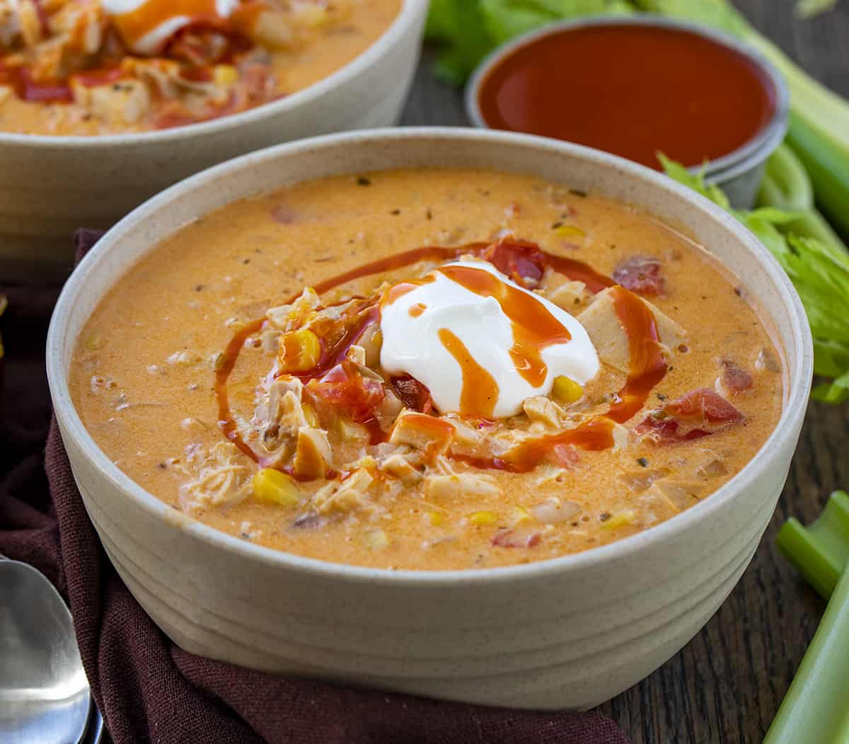 Bowls of Buffalo Chicken Soup with Extra Buffalo Sauce. Soup, Comfort Food, Game Day Food, Fall Soups, Soup Recipes, Buffalo Chicken Recipes, SuperBowl Food, Creamy Soups, Dinner, Supper, recipes, i am homesteader, iamhomesteader