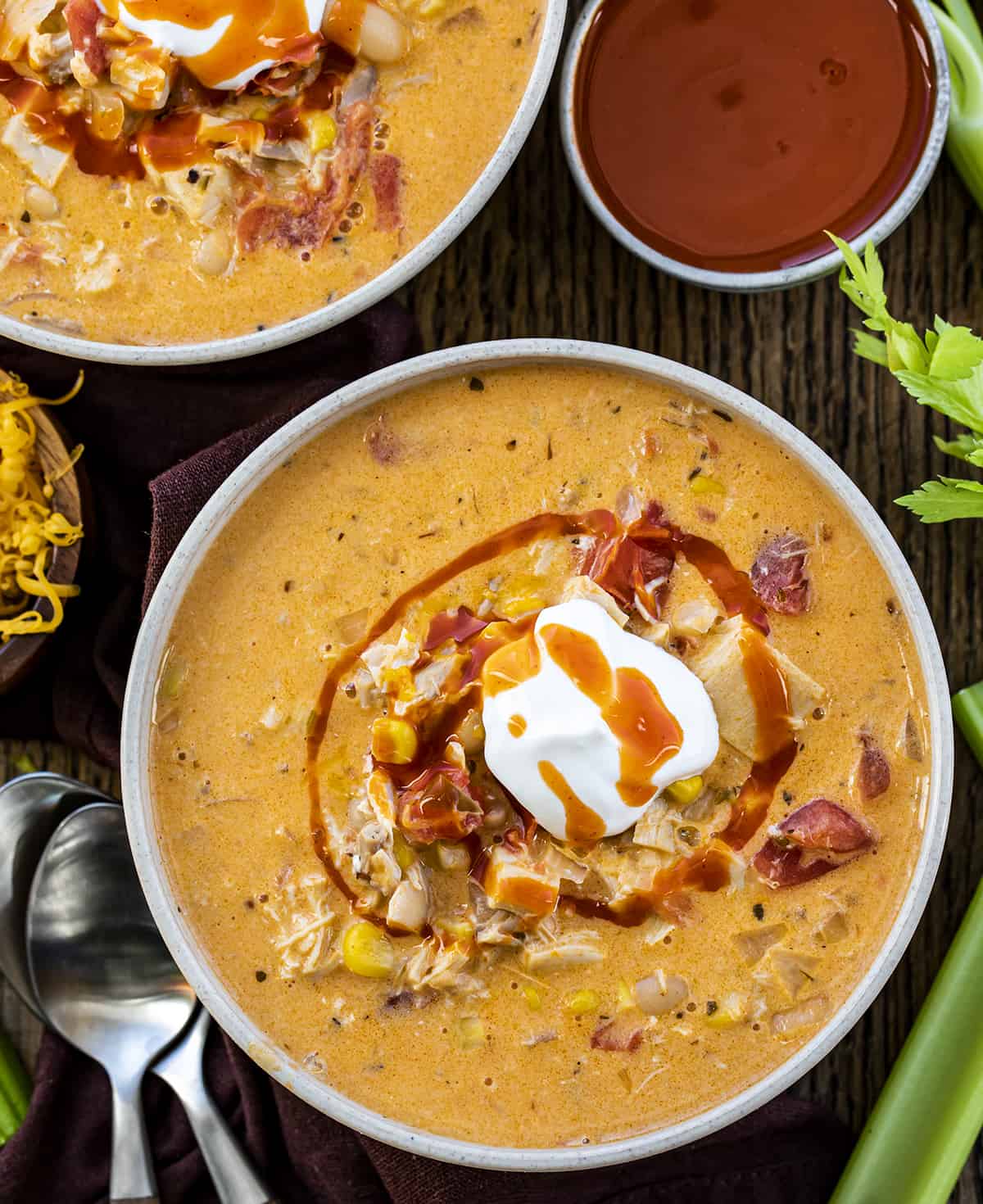 Bowls of Buffalo Chicken Soup with Celery, Buffalo Sauce, and Extra Cheese. Soup, Comfort Food, Game Day Food, Fall Soups, Soup Recipes, Buffalo Chicken Recipes, SuperBowl Food, Creamy Soups, Dinner, Supper, recipes, i am homesteader, iamhomesteader