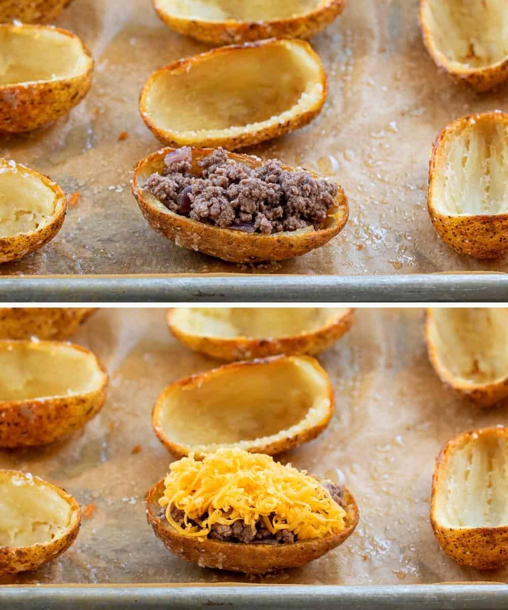 Adding Ground Beef and Cheese to Potato Skins Before Baking Again. Appetizer, Potato Skins, How to Make Potato Skins, Cheeseburger Potato Skins, Super Bowl Food, Game Day Appetizer, Hot Appetizer, i am homesteader, iamhomesteader