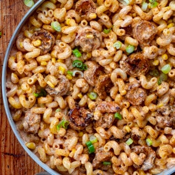 Pan of Blackened Shrimp Cavatappi.