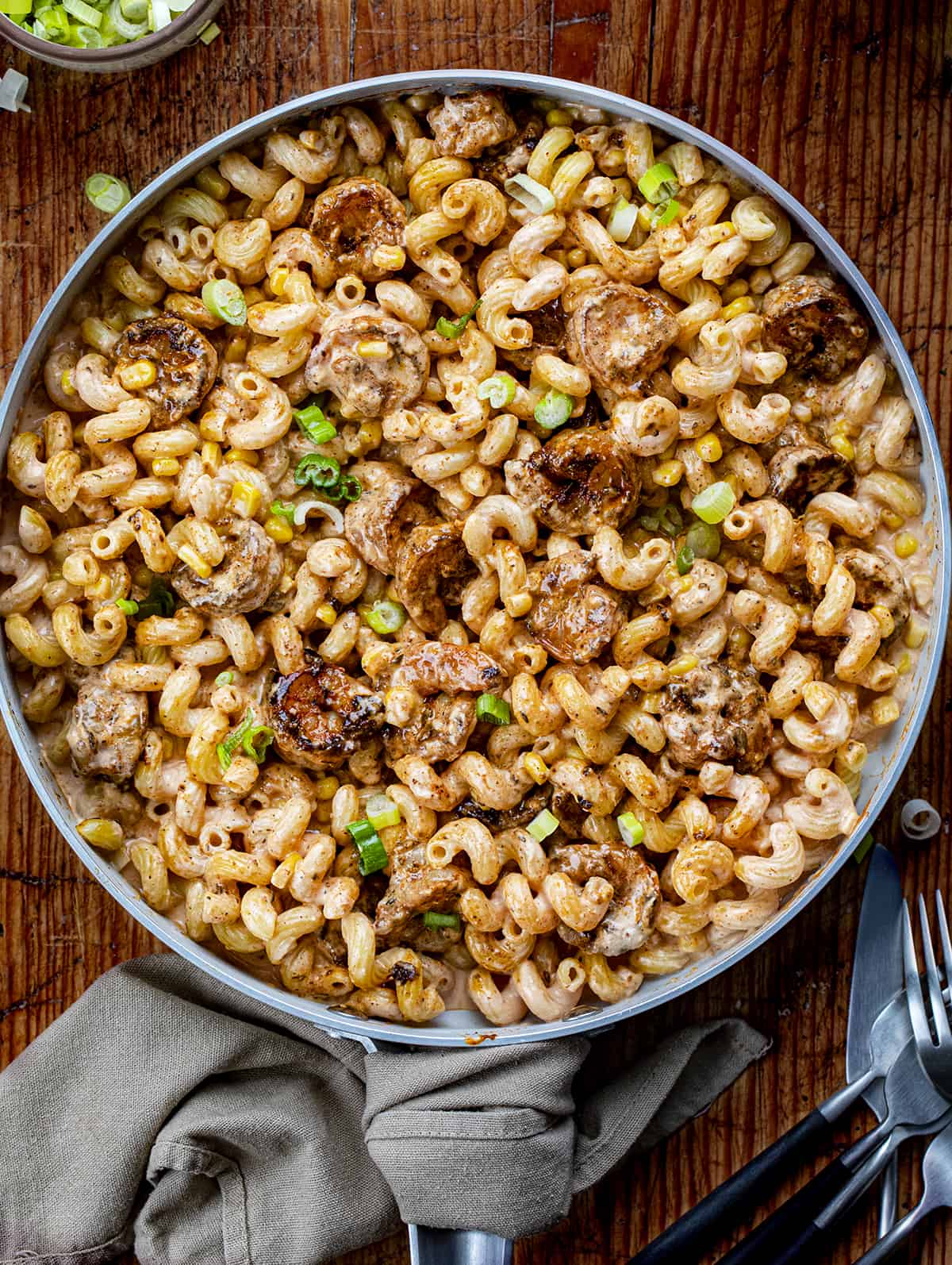 Pan of Blackened Shrimp Cavatappi on a Cutting Board