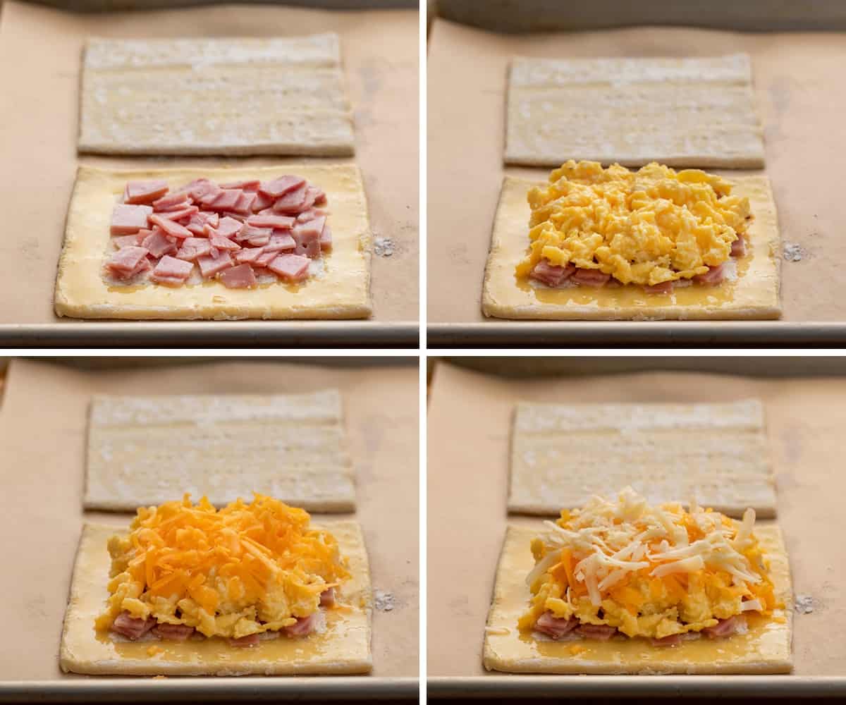 Steps for Adding Ham, Eggs, and cheeses to Ham and Cheese Breakfast Pastry before baking.