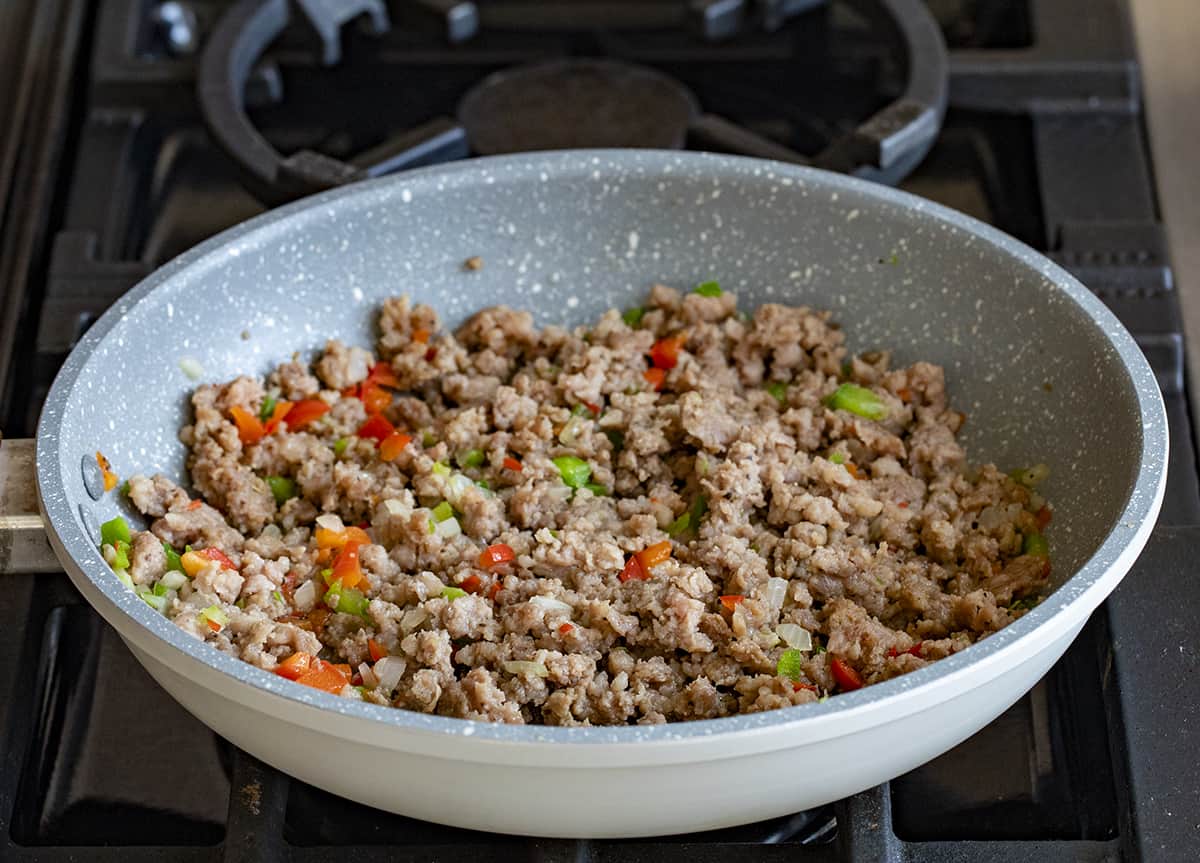 Pepper and Sausage Mixture in a Pan Before Going into Cowboy Breakfast Pastry.
