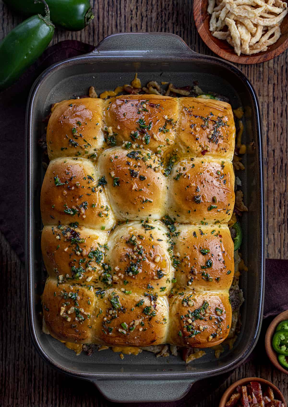 Pan of Cowboy Sliders Soaked in Cowboy Butter and Shining from Overhead.