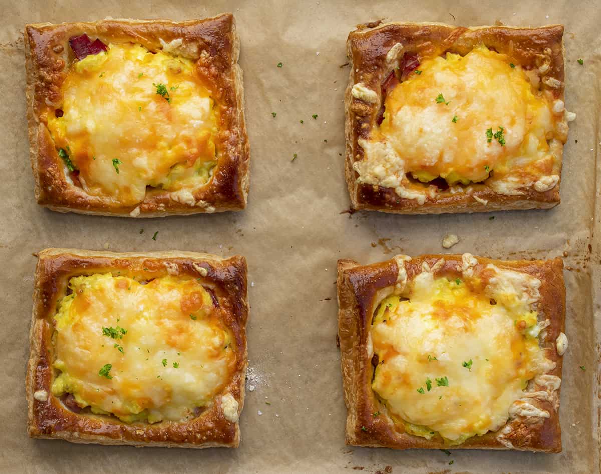 Ham and Cheese Breakfast Pastry from Overhead on a Pachment Lined Baking Sheet.