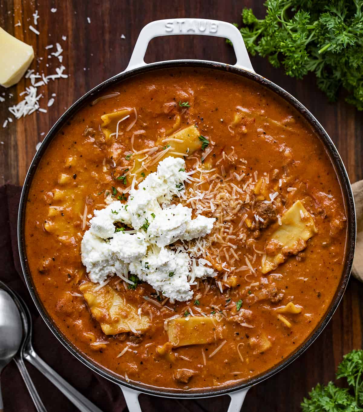 Lasagna Soup in a Pot with Ricotta Cheese. 