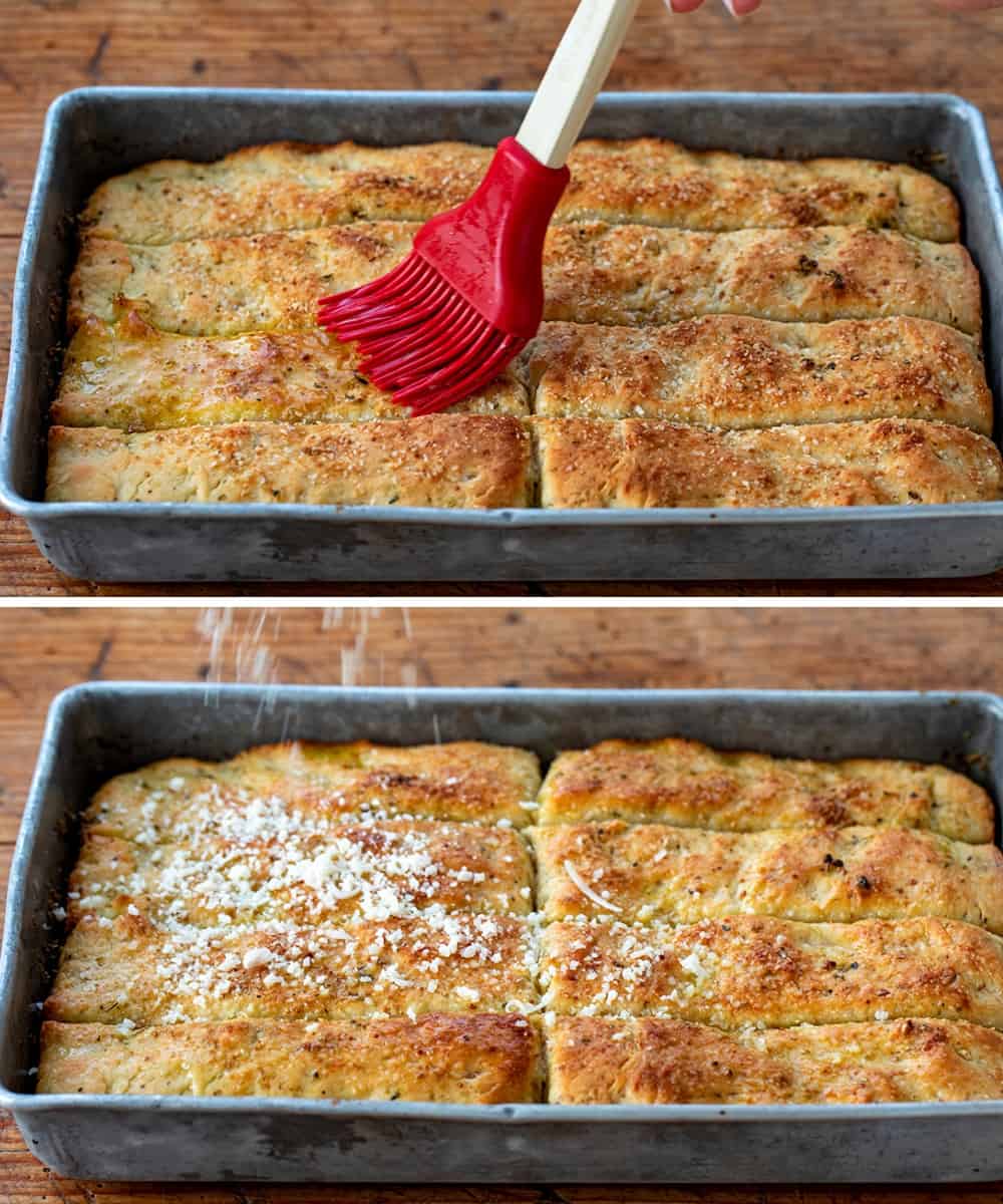 Brushing Butter and then Sprinkling Parmesan Over Focaccia Breadsticks.