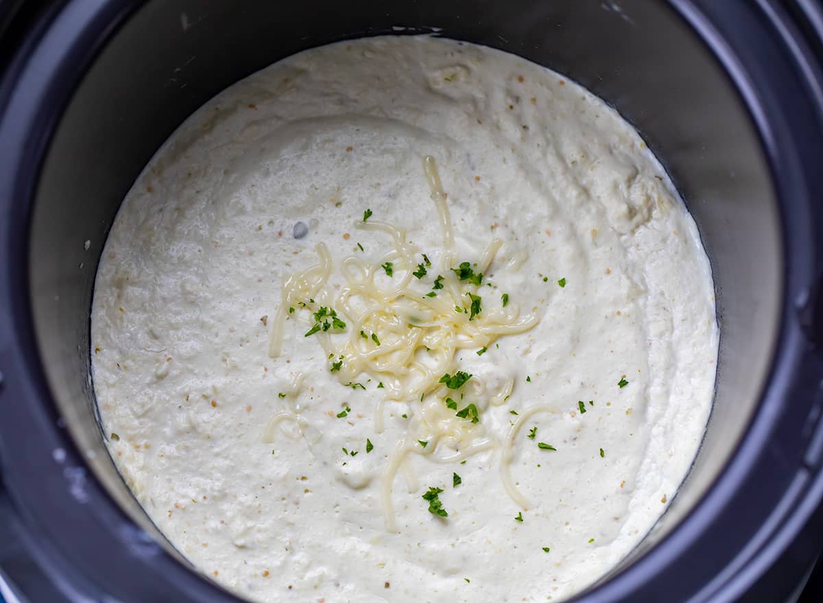 Cooked Easy Queso in a crockpot.