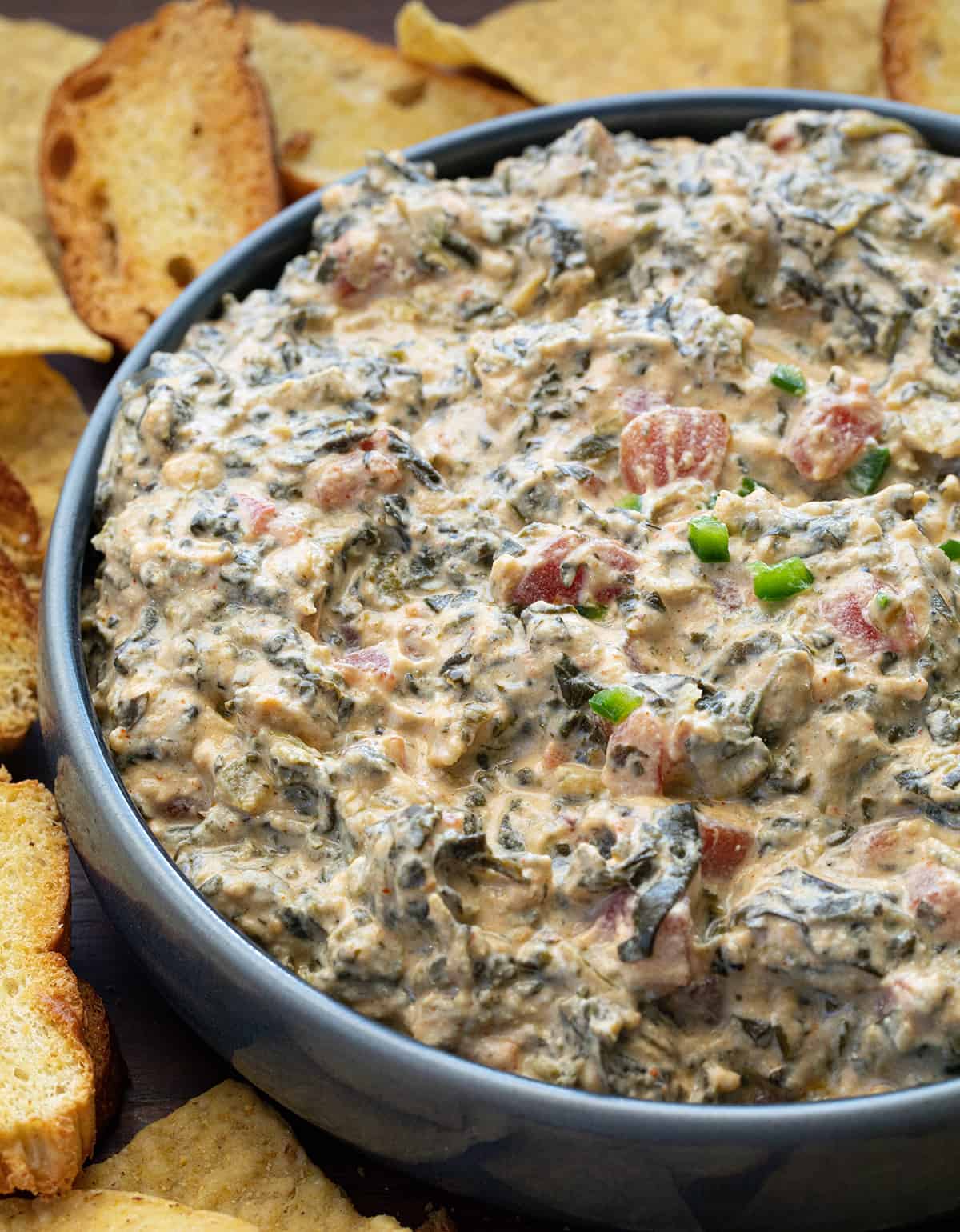 Close up of a Bowl of Fiesta Spinach Dip with Crackers.