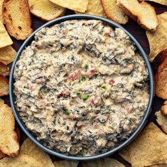 Fiesta Spinach Dip from Overhead with Crackers.