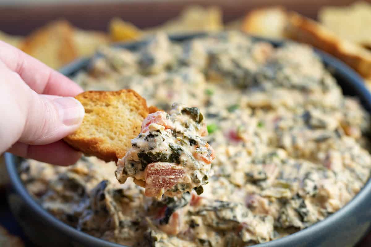 Dipping a Baguette into Fiesta Spinach Dip.