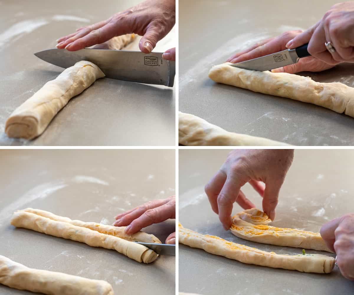 Steps for rolling, cutting, and twisting cheesy cruffin dough.