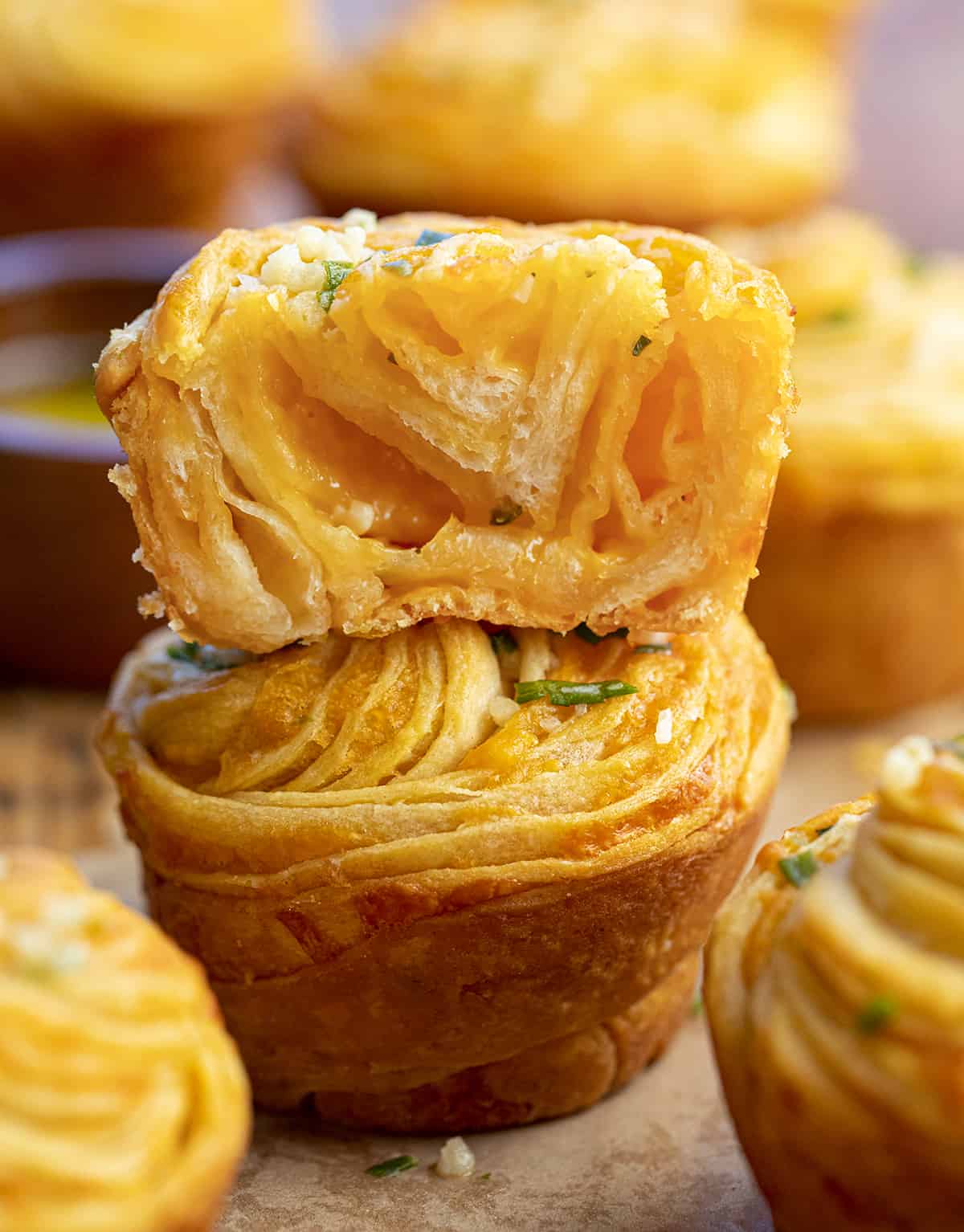 Stacked Cheesy Garlic Cruffins.