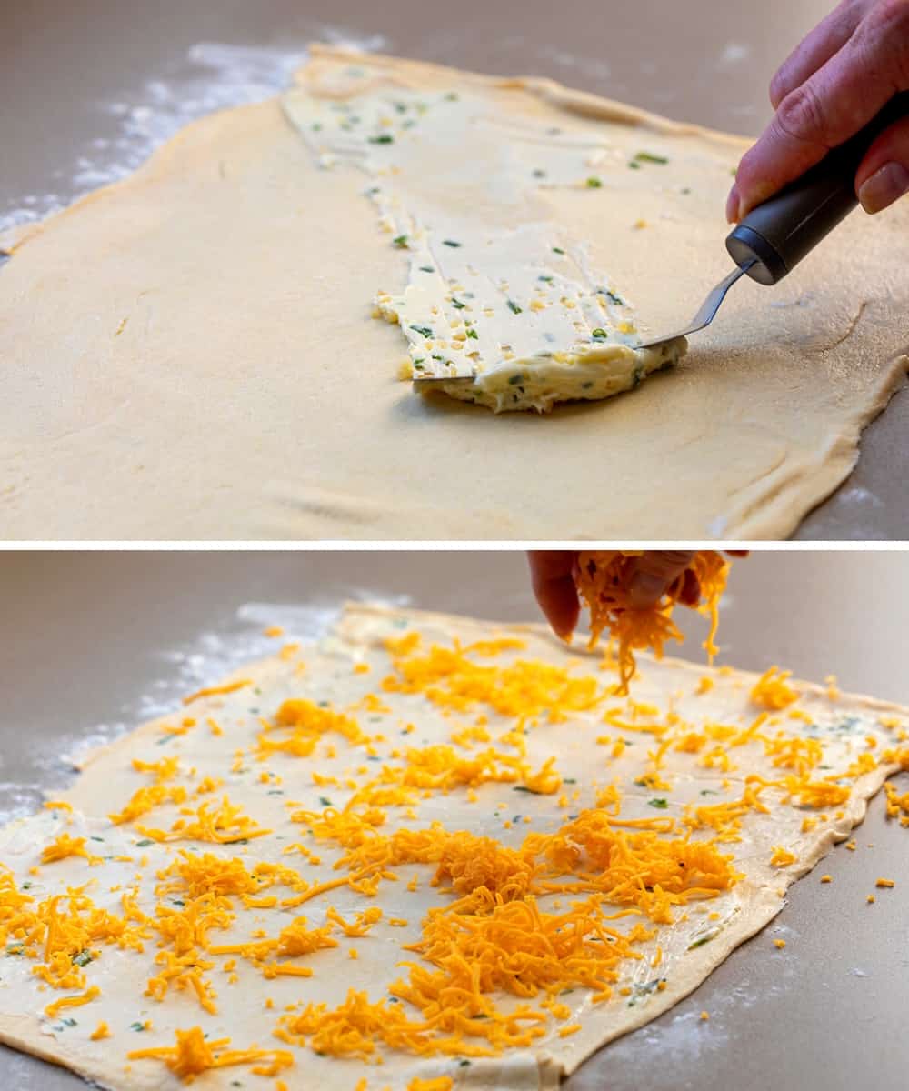 Adding compound butter and then cheese to dough for cheesy cruffins.