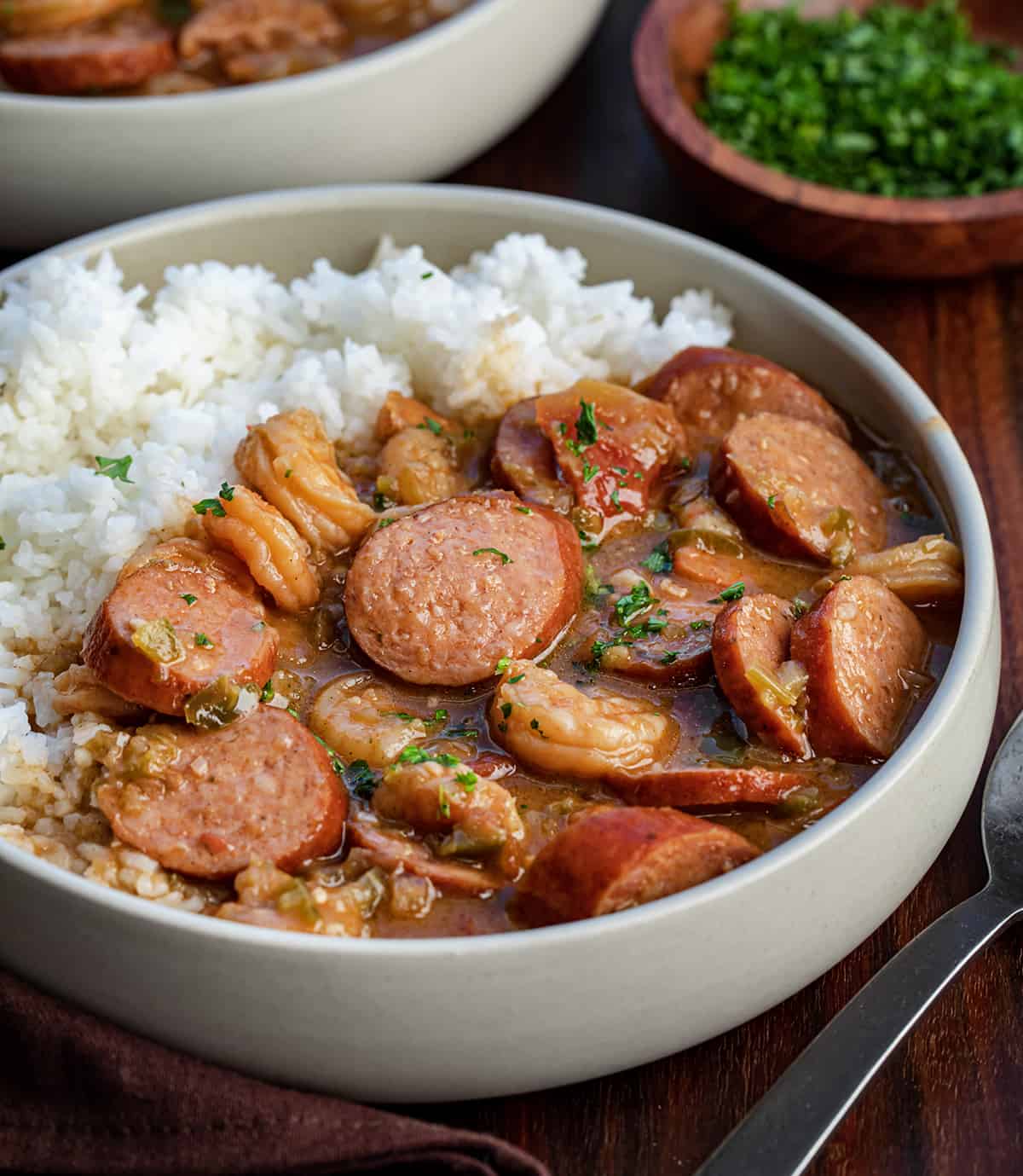 Bowls of Gumbo with Rice.