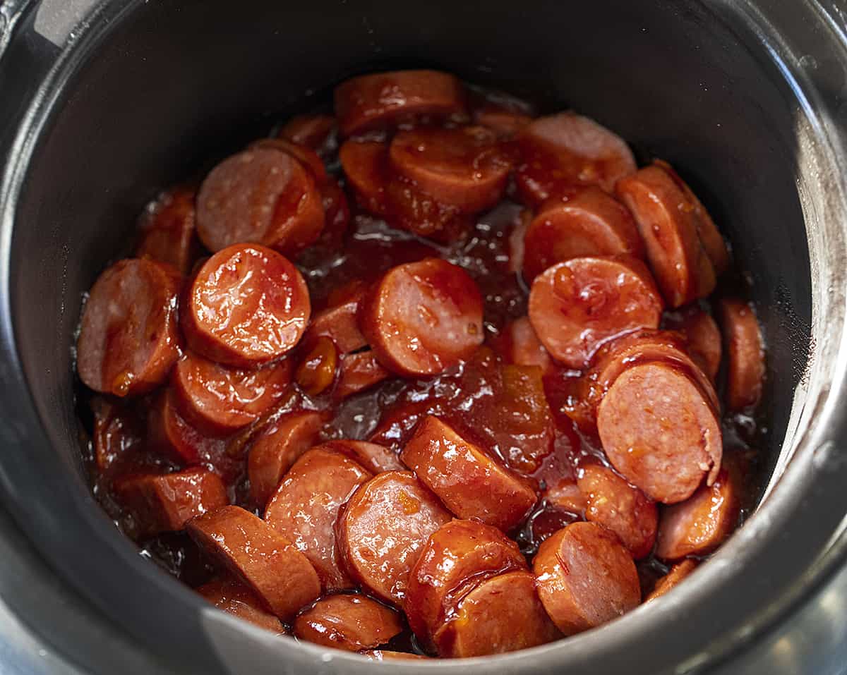 Ingredients for Slow Cooker Bourbon Glazed Kielbasa in the Crockpot Before Cooking.