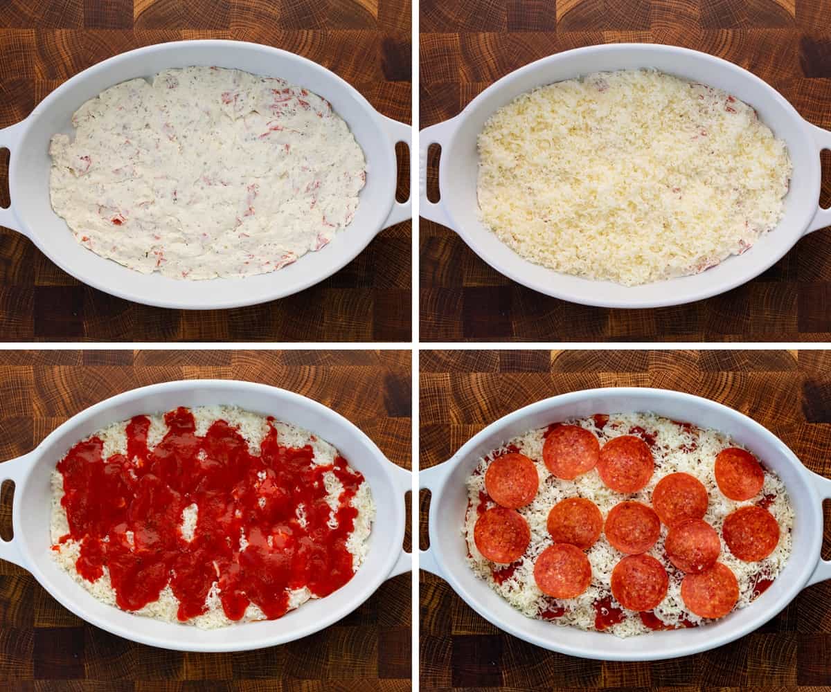 Steps for Making Skillet Pepperoni Pizza Dip by adding base cheese layer, more cheese, pizza sauce, and pepperoni. 