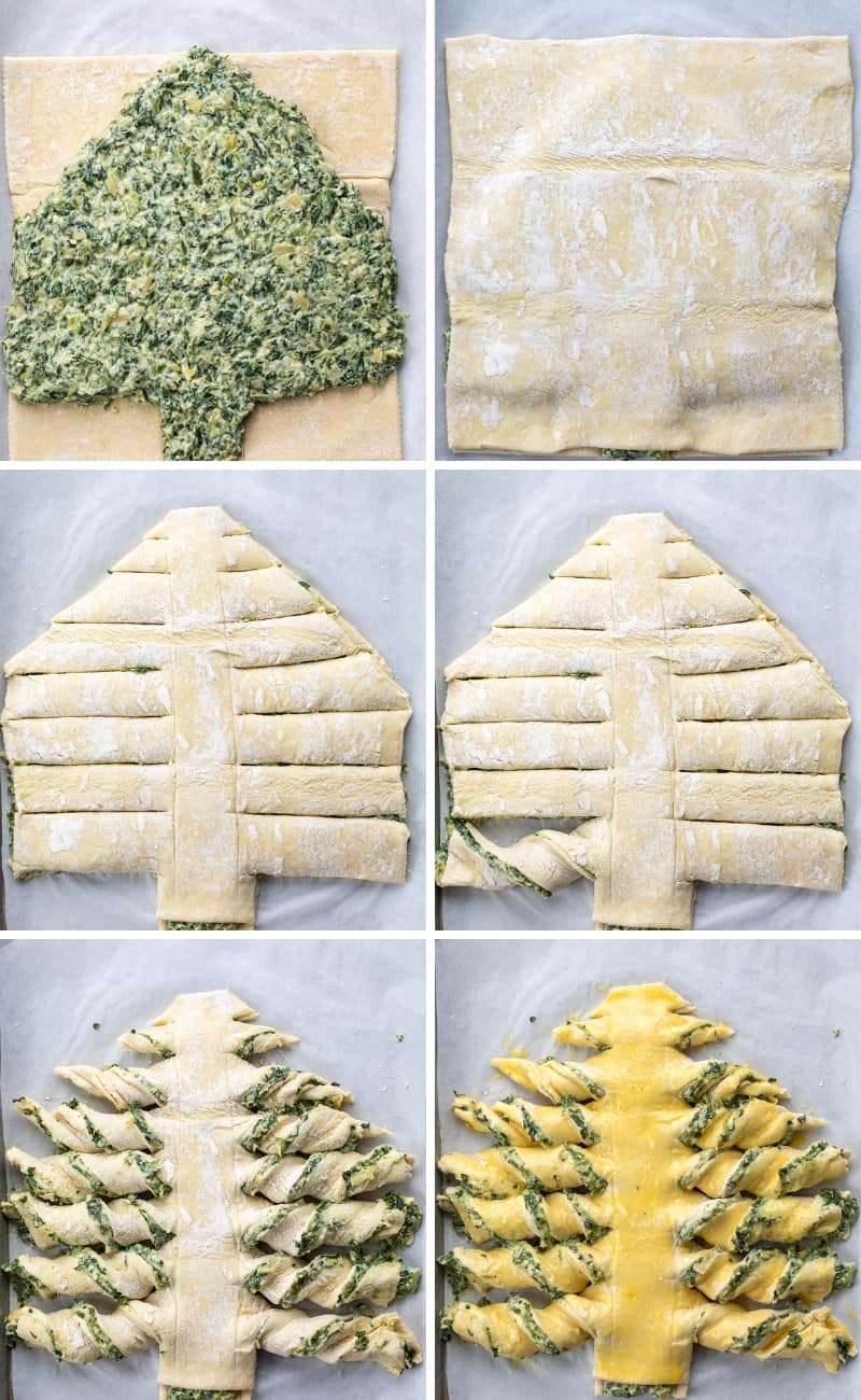 Steps for Assembling a Spinach Dip Pull-Apart Christmas Tree from Frozen Puff Pastry Sheets and Homemade Spinach Dip.