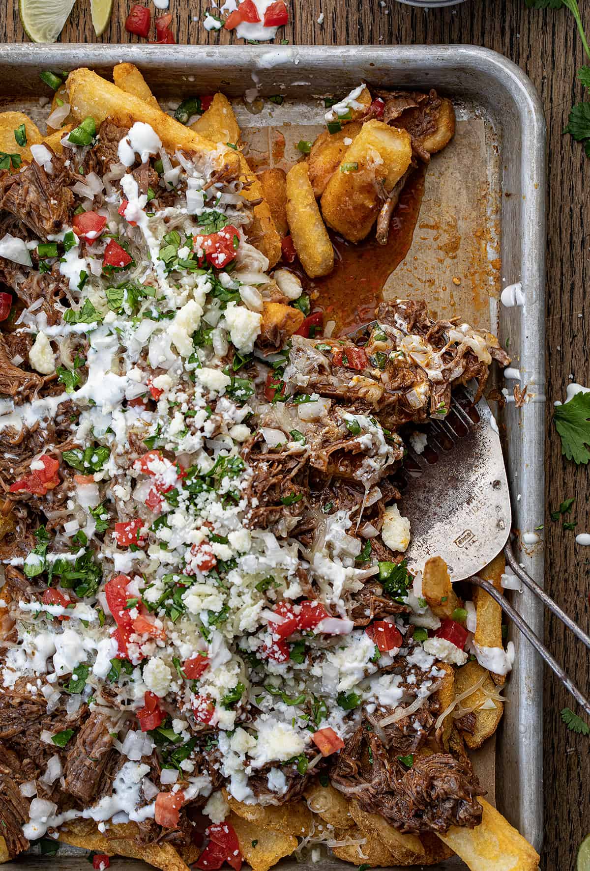 Loaded Shredded Beef {Birria} French Fries in a Sheet Pan Showing the Steak Fries and How Juicy it Is.