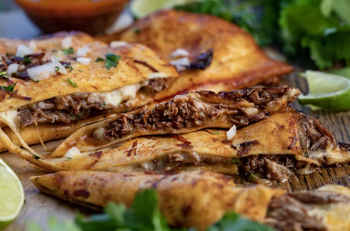 Close up of the Inside of a Birria Quesadilla.