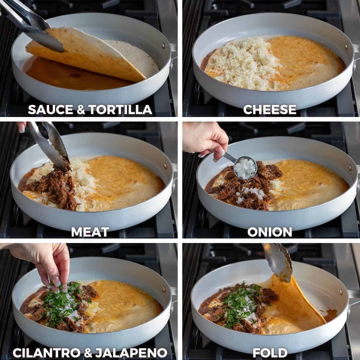 Steps for Making a Birria Quesadilla in a Pan, Adding Sauce, Cheese, Meat, Onions, Cilantro, Jalapeon, and then Folding Quesadilla.