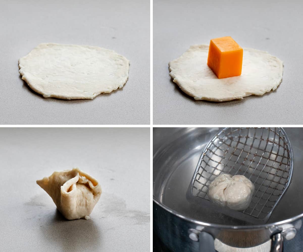 Steps for Making a Cheese Stuffed Pretzel Bomb with Cheese Inside and Then Boiling It.