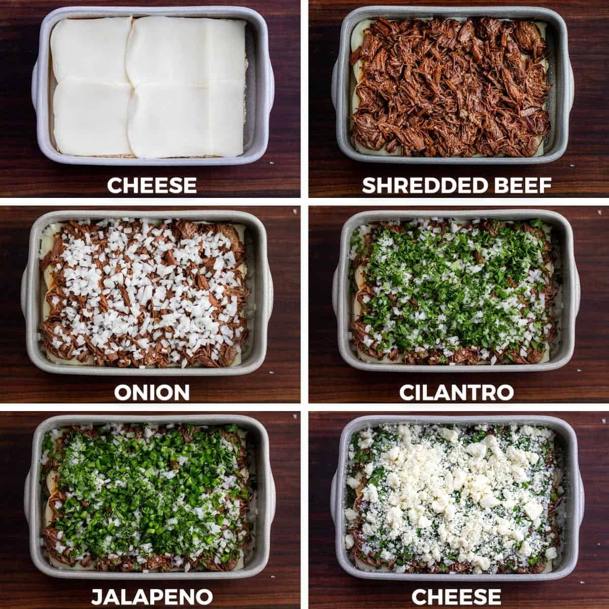 Steps for Adding Ingredients to Shredded Beef Sliders - Cheese, Beef, Onion, Cilantro, Jalapeno, and Queso Fresco.