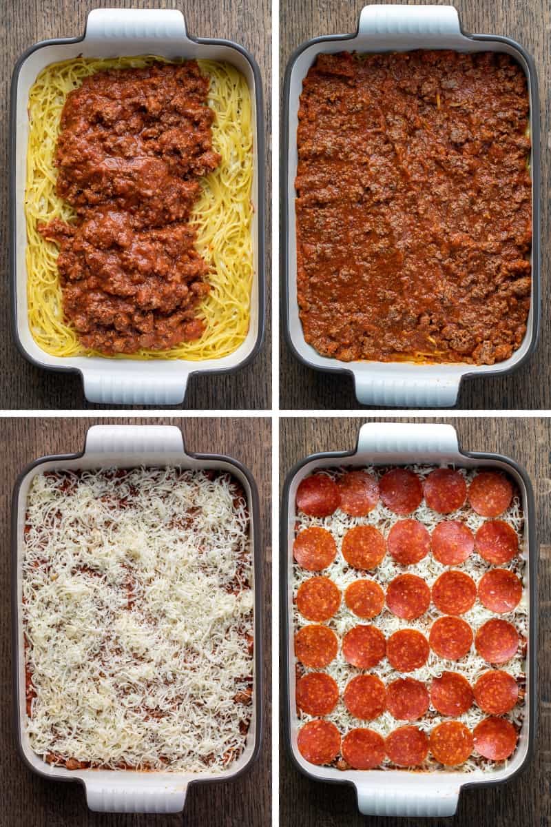 Steps for assembling a Spaghetti Pizza Casserole with noodles, meat sauce, cheese, and pepperoni.
