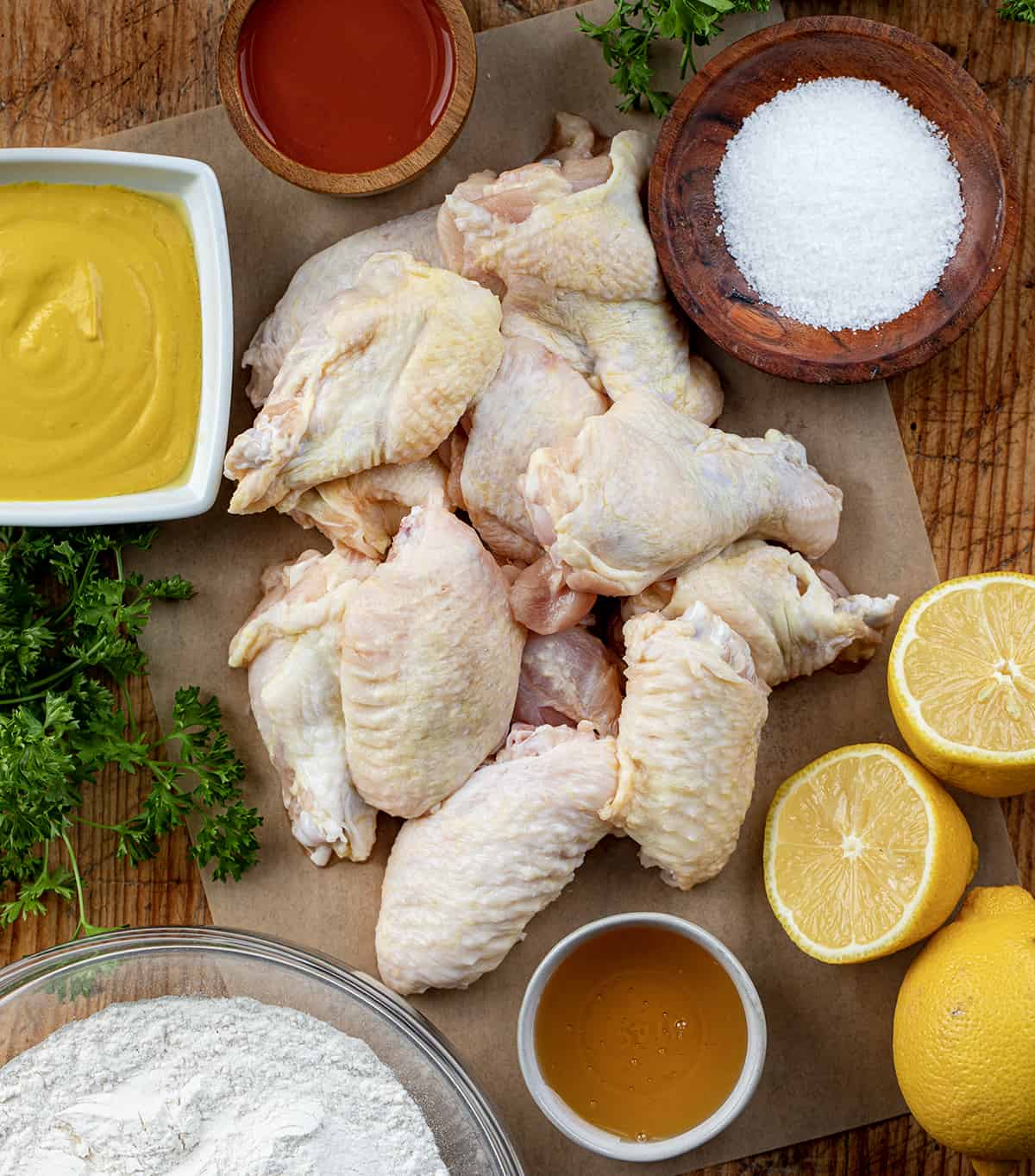 Raw Ingredients for making Buffalo Honey Mustard Chicken Wings.