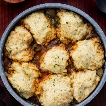 Finished Pot of Beef Stew with Dumplings from OVerhead.