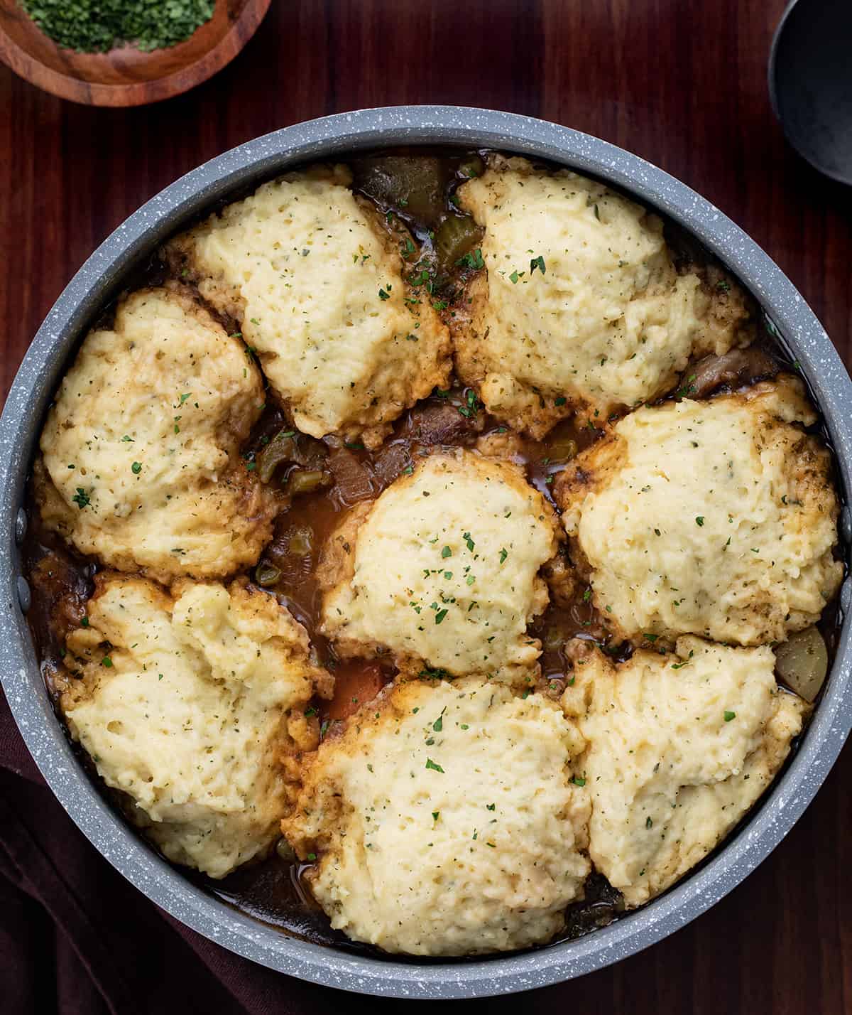 Finished Pot of Beef Stew with Dumplings from OVerhead.