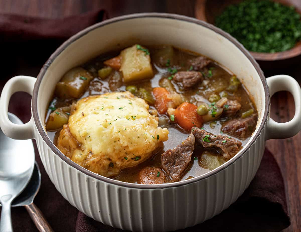 Cheesy One Pot Beef and Potatoes - Serving Dumplings