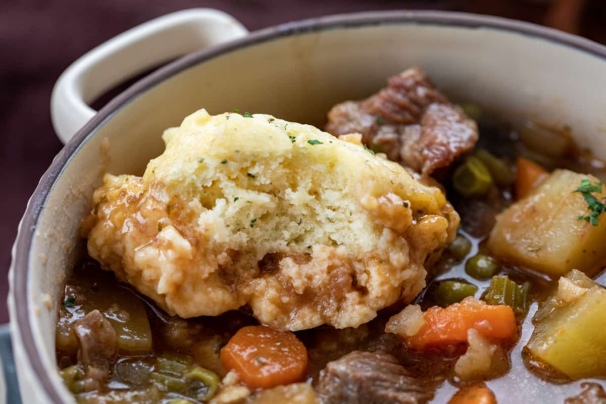 Close up of a Pot of Beef Stew with Dumplings.