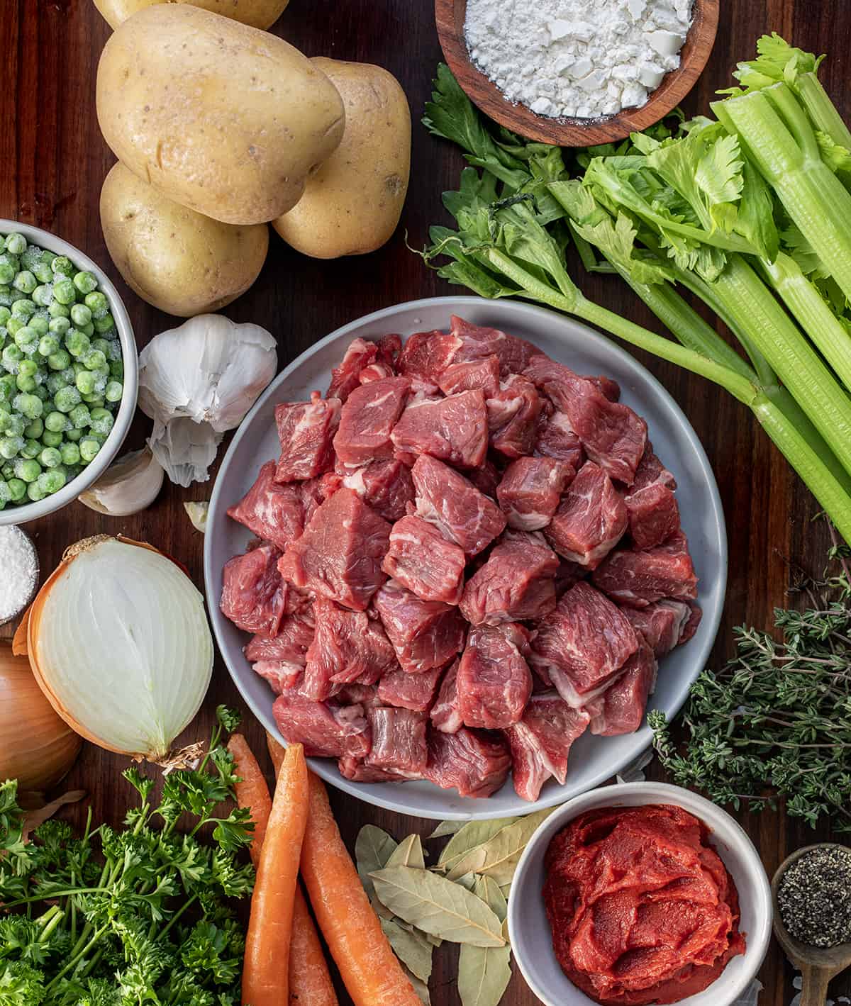 Raw Ingredients for Beef Stew with Dumplings.