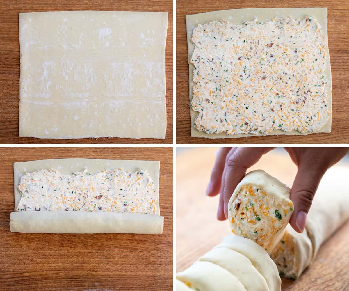 Steps for Adding Jalapeno Popper Dip on Top of Puff Pastry to Make Pinwheels
