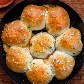 Skillet Pizza Bombs from Overhead.